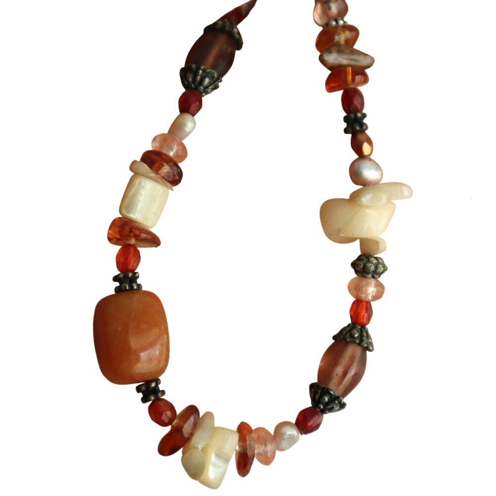 Vintage 90s Y2K Carnelian Agates Necklace Natural Stone Bead Necklace Orange